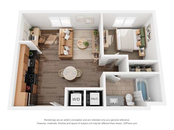 A 3D floor plan of a small apartment with a kitchen, living room, and bathroom.