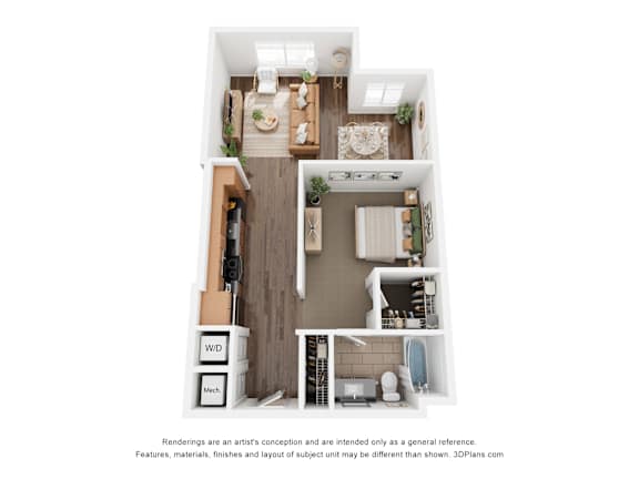 A 3D floor plan of a small apartment with a kitchen, living room, and bathroom.