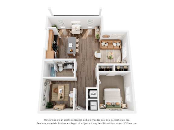 A 3D floor plan of a small apartment with a kitchen, living room, and two bedrooms.