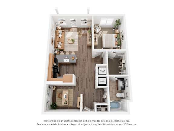 A 3D floor plan of a small apartment with a kitchen, living room, and bathroom.