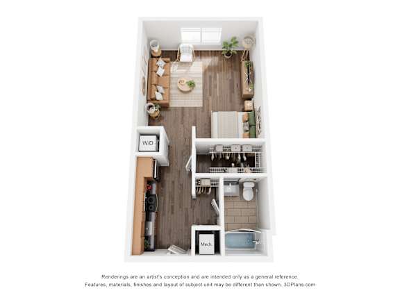 A 3D floor plan of a small apartment with a kitchen, living room, and bathroom.
