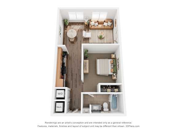 A floor plan of a small apartment with a kitchen, living room, and bathroom.
