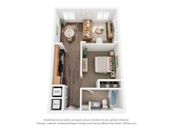 A 3D floor plan of a small apartment with a kitchen, living room, and bathroom.