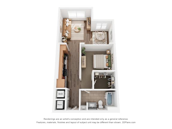 A 3D floor plan of a small apartment with a kitchen, living room, and bathroom.