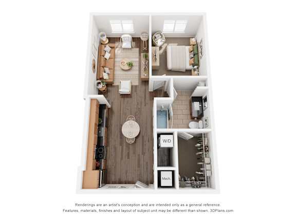 A 3D floor plan of a small apartment with a kitchen, living room, and bathroom.
