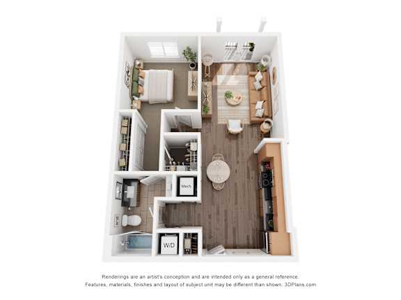 A 3D floor plan of a small apartment with a kitchen, living room, and bathroom.