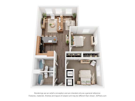 A 3D floor plan of a small apartment with a kitchen, living room, and bathroom.