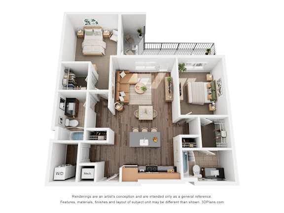 A 3D floor plan of a small apartment with a kitchen, living room, and bathroom.