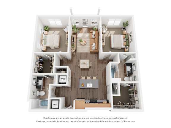 A 3D floor plan of a house with a kitchen, living room, and two bedrooms.