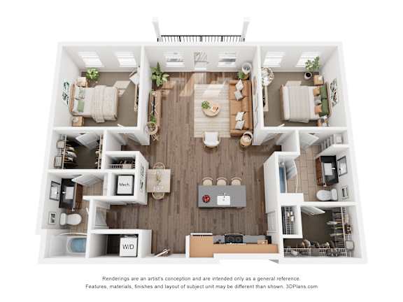 A 3D floor plan of a house with a kitchen, living room, and two bedrooms.