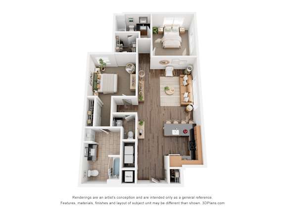 A 3D floor plan of a house with a kitchen, living room, and bathroom.
