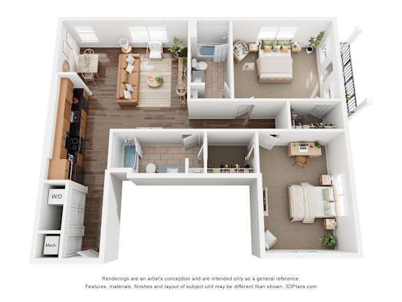 A 3D floor plan of a small apartment with a kitchen, living room, and bathroom.