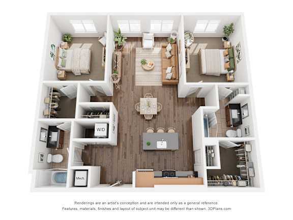 A 3D floor plan of a house with a kitchen, living room, and two bedrooms.