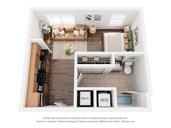 A 3D floor plan of a house with a kitchen, living room, and bathroom.