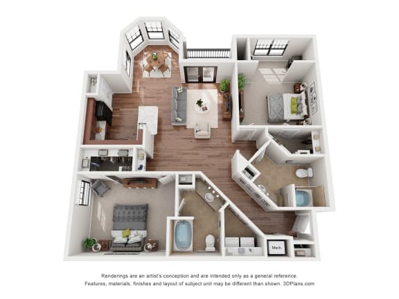 a stylized floor plan with a bedroom and living room