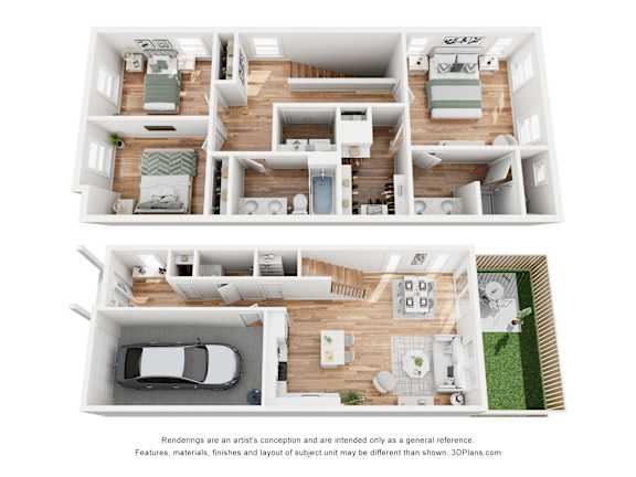 A 3D floor plan of a house with a kitchen, living room, and bedrooms.