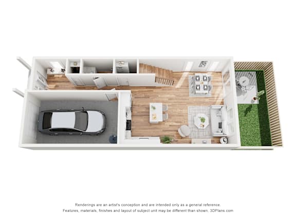 A 3D floor plan of a house with a car parked in the garage.