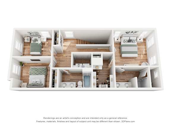 A 3D floor plan of a house with multiple rooms and furniture.