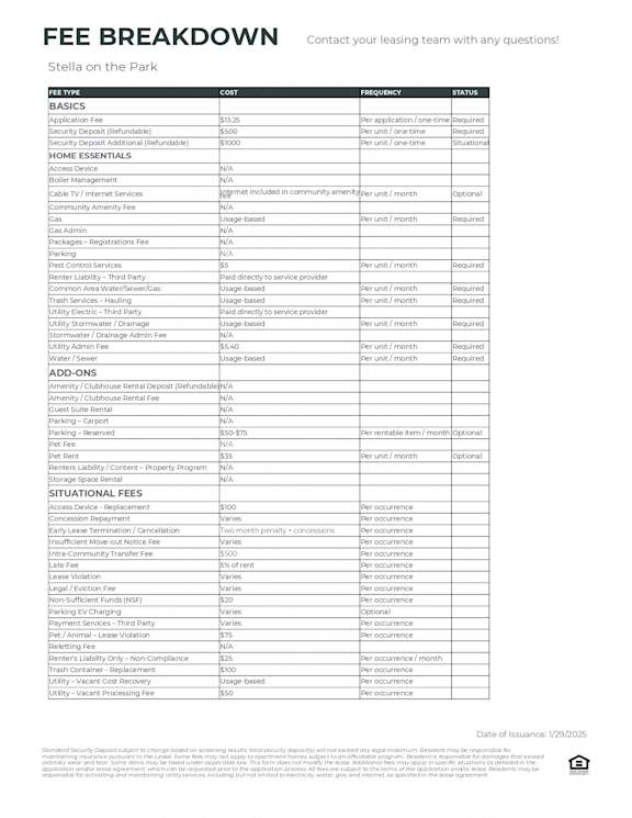 A fee breakdown document for Stella on the Park with various fees listed under categories such as BASICS, HOME ESSENTIALS, ADD-ONS, and SITUATIONAL FEES.