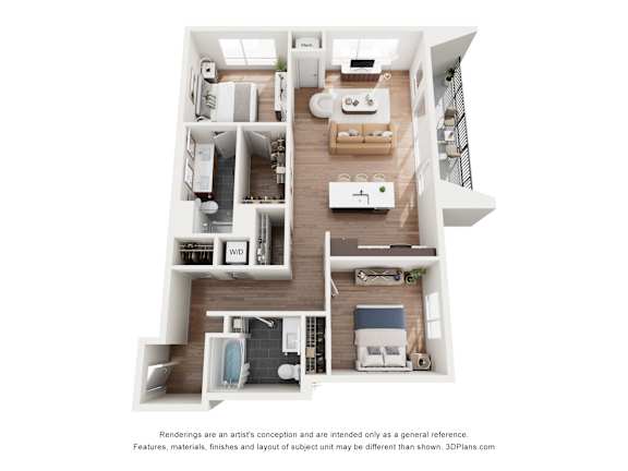 A 3D floor plan of a house with labeled rooms.