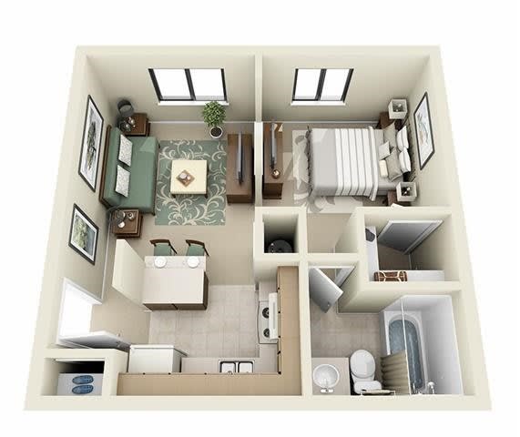 a 1 bedroom floor plan with a bathroom and a living room