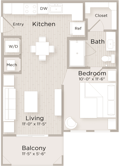 A floor plan of a small apartment with a living room, kitchen, bathroom, bedroom and balcony.