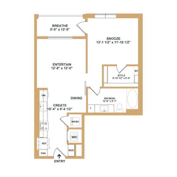 A floor plan of a house with labeled rooms such as BREATHE, SNOOZE, ENTERTAIN, DINING, REFRESH, WASH, WHO, MUD, and REF.