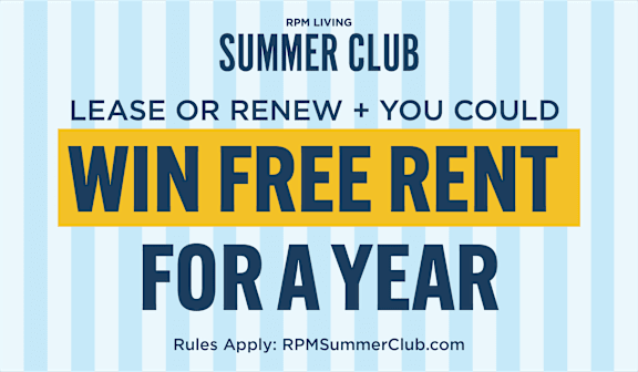 A poster advertises a chance to win free rent for a year through the RPM Summer Club.