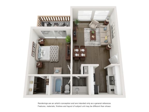 a 3d floor plan of a 1 bedroom apartment