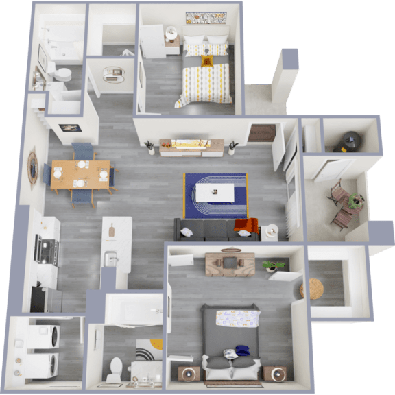 a spacious two bedroom apartment with two bathrooms and a living room with a kitchen and dining area
