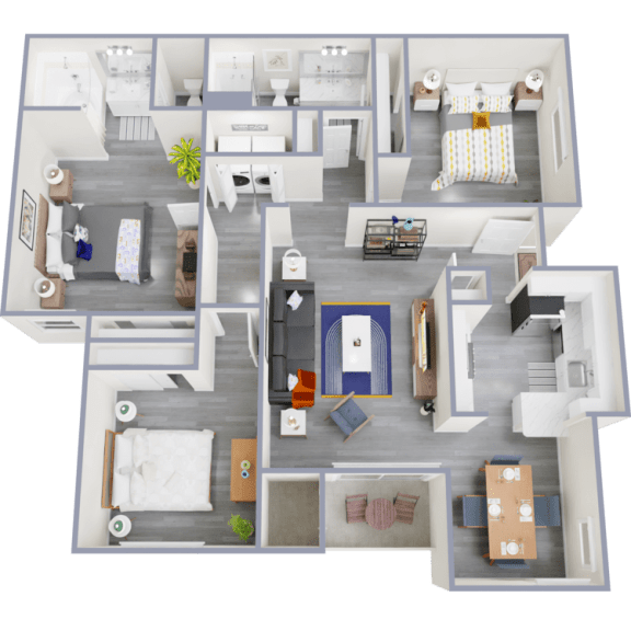 a 3d floor plan of a 3 bedroom apartment