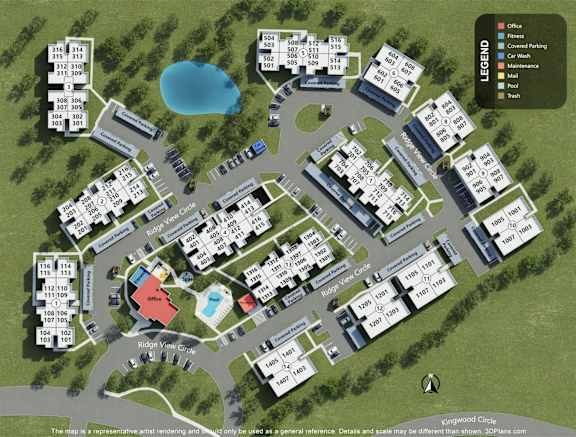a site map of a campus with buildings and a pool