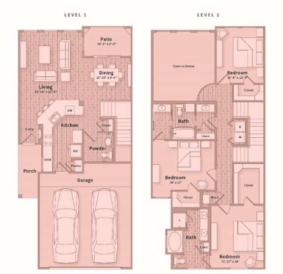 A floor plan shows two levels of a house with labeled rooms such as a patio, dining area, and bedrooms.