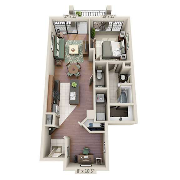 A 3D floor plan of a small apartment with a living room, kitchen, and bedroom.