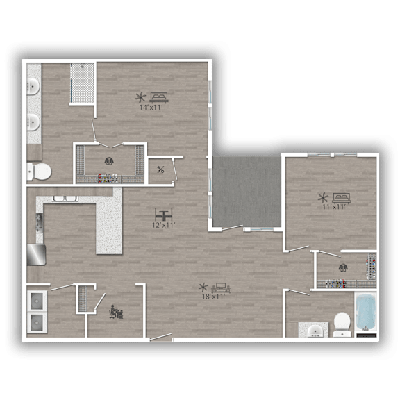 A floor plan of a house with a kitchen, living room, and bathroom.