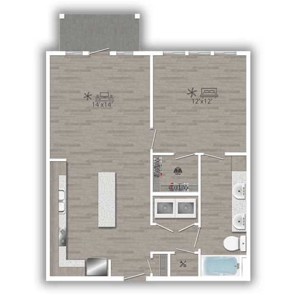 A floor plan of a house with a kitchen, living room, and bathroom.