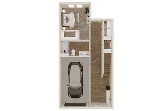 A top down view of a small apartment with a kitchen, living room, and bathroom.