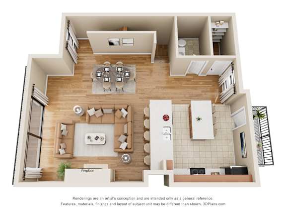 A 3D floor plan of a house with a living room, dining room, kitchen, and bathroom.