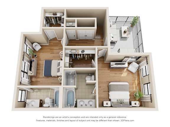 A 3D floor plan of a house with a kitchen, living room, and bathrooms.