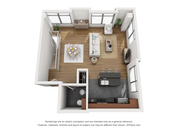 an overhead view of the 1 bedroom floor plan with a fireplace