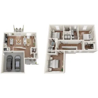 Two images of a house layout, one with a car parked in the driveway.
