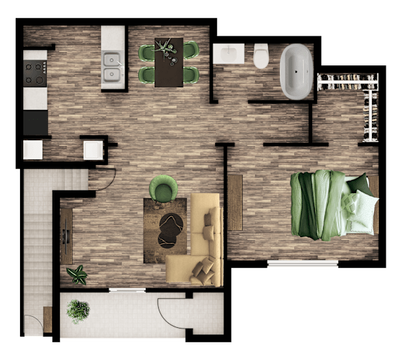A top-down view of a house layout with a kitchen, living room, and bathroom.