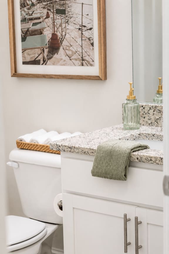 A bathroom with a toilet, a marble countertop, and a framed picture on the wall.
