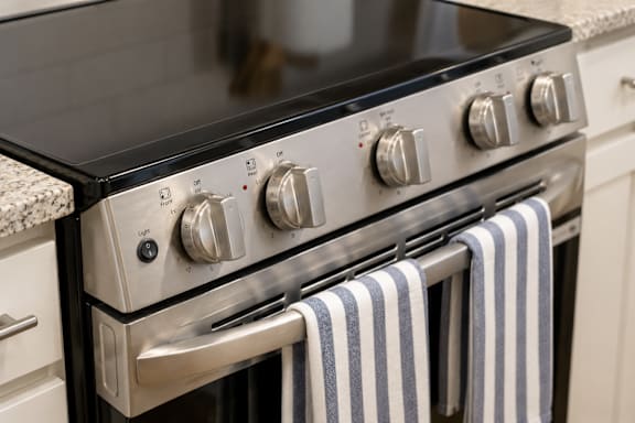 A close up of a stove top with four knobs and a towel hanging on the handle.