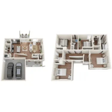 Two images of a dollhouse interior with a kitchen and living room.