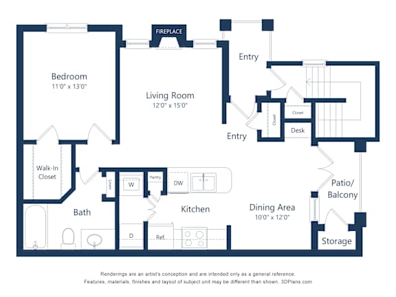 A blueprint of a house layout with a living room, kitchen, dining area, and two bedrooms.