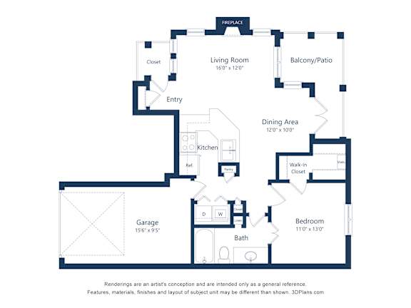 A floor plan of a house with a living room, dining area, kitchen, bathroom, and two bedrooms.