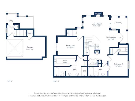 A floor plan of a two level home with a garage and two bedrooms.