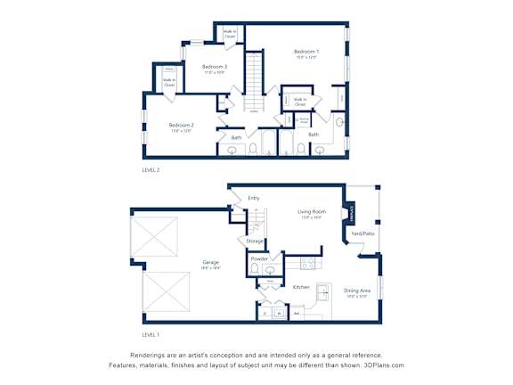 A floor plan of a two level residential property with three bedrooms and a garage.