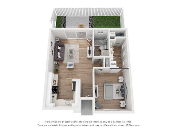 A 3D floor plan of a house with a kitchen, living room, and bathroom.